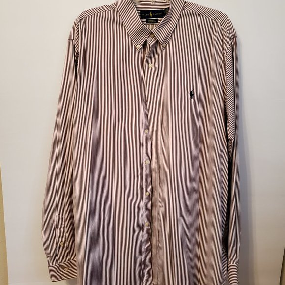 Ralph Lauren classic fit long sleeves brown/white custom fit-striped men shirt. - Picture 3 of 15